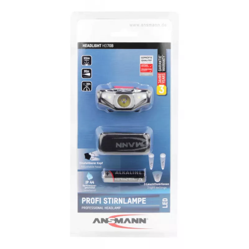 Ansmann HD70B - Stirnlampe - Schwarz - Acrylnitril-Butadien-Styrol (ABS) - Kunststoff - IP44 - LED - 1 Lampe