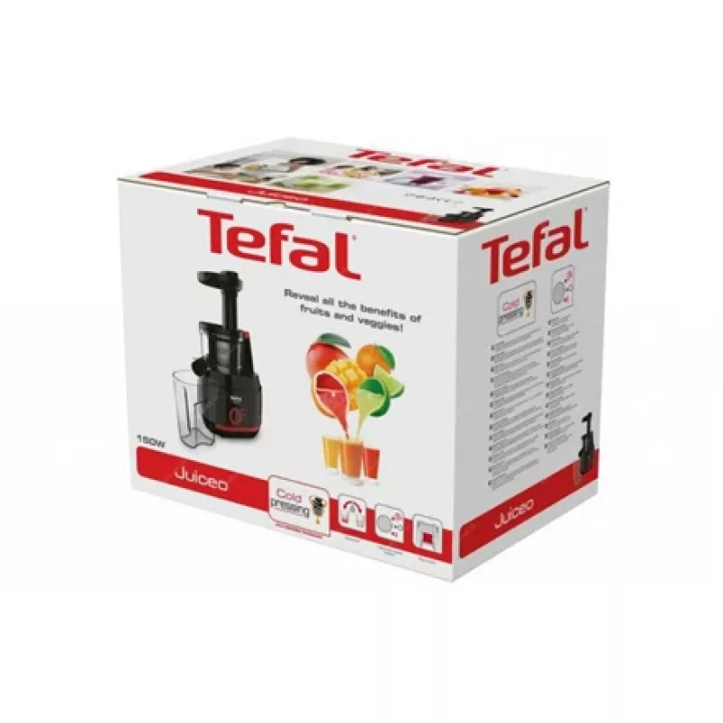 Slow Juicer Tefal Juiceo ZC150 – 150 W, 4,5 cm Einfüllschacht, 0,8 l Saft- und Tresterbehälter, 80 RPM, Schwarz/Rot