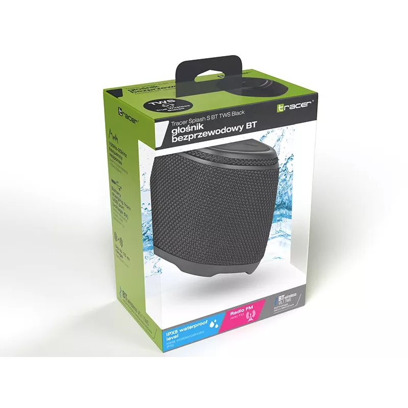 Tragbarer Stereolautsprecher TRACER Splash S (Bluetooth 5.1, 5 W RMS, IPX5, 6 h Akku) Schwarz