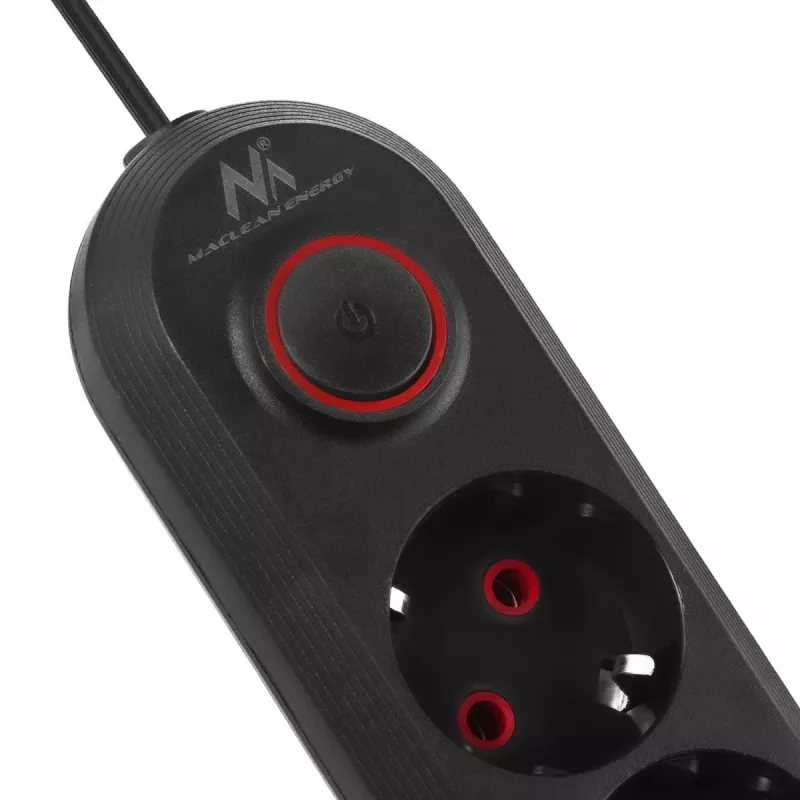 Steckdosenleiste MACLEAN MCE395 B — 5 Steckdosen, 3×USB, 110–240V AC, 2,1A USB, 2500W, 1,5 m Kabel, schwarz