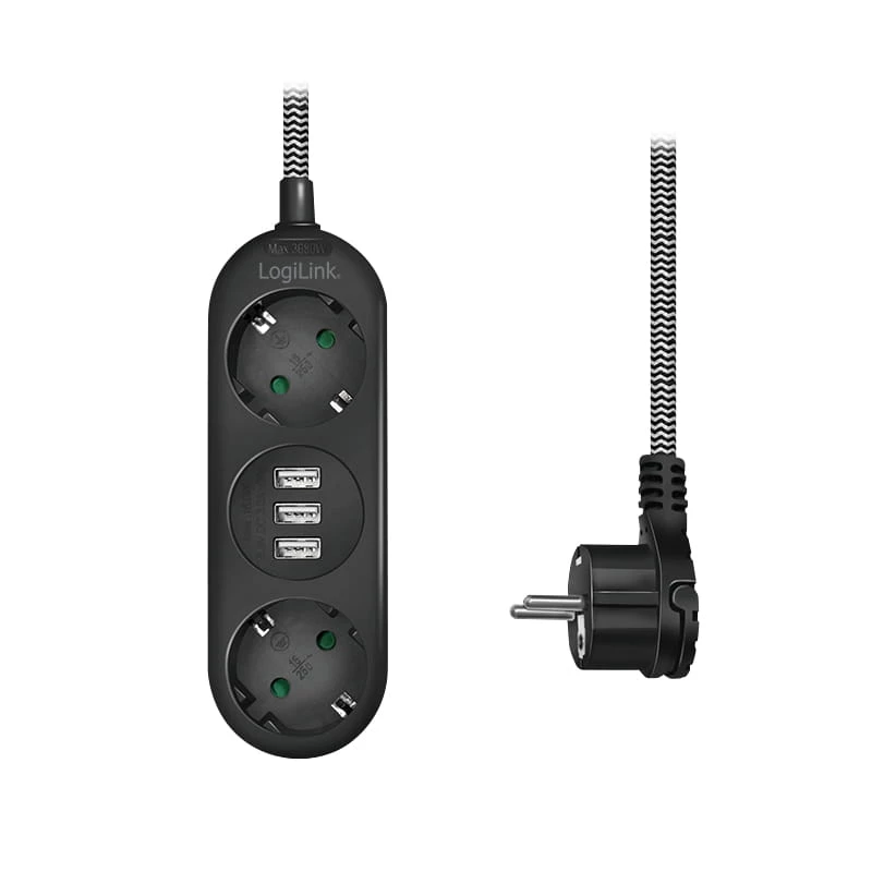 Stromverlängerungskabel LogiLink LPS262U 1,5 m 2 AC-Steckdosen Innenbereich Schwarz