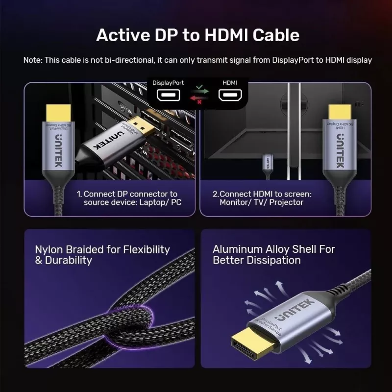 UNITEK KABEL DISPLAYPORT 1.4 AUF HDMI 2.1, 8K, 1,8 M