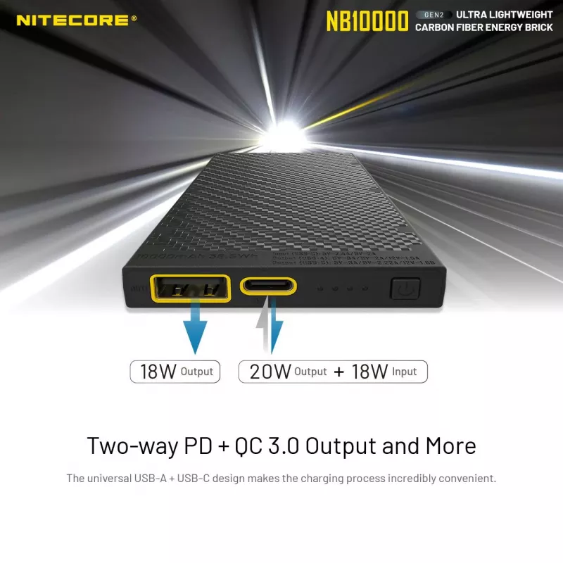 Tragbare Powerbank Nitecore NB10000 — 10000 mAh, USB‑A + USB‑C, 38 W Gesamtausgang, grau