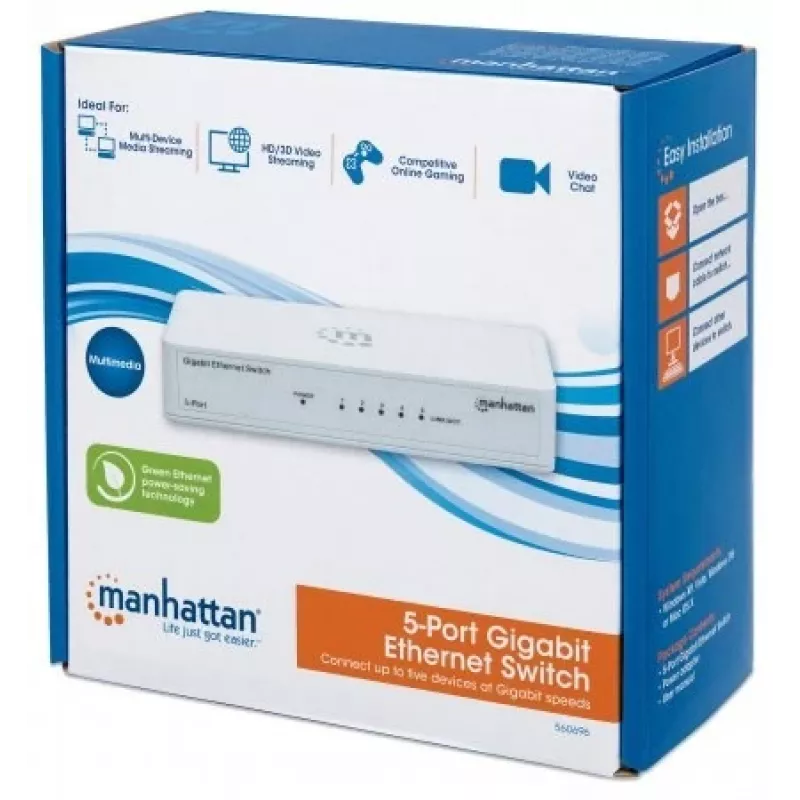 Manhattan 5-Port Gigabit Ethernet Switch, Desktop-Größe, Kunststoff, IEEE 802.3az (Energy Efficient Ethernet), Drei Jahre Garantie, Box