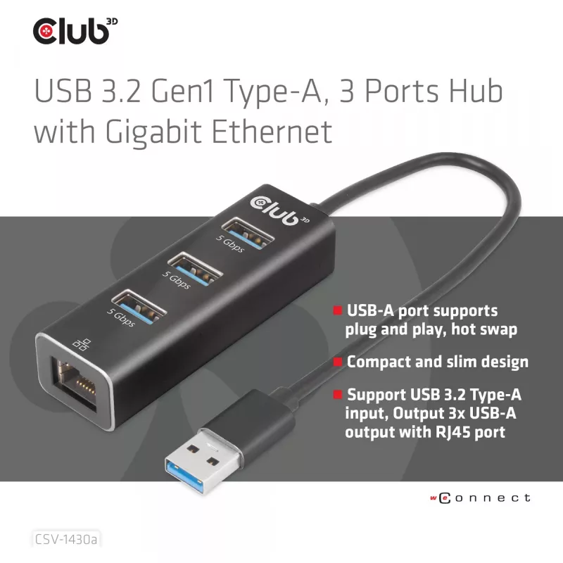USB-Hub CLUB3D USB 3.2 Gen1 Type-A mit 3 Anschlüssen und Gigabit-Ethernet