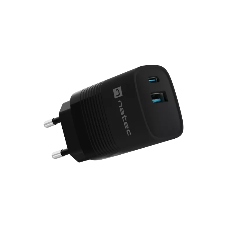 NATEC kabelgebundenes Ladegerät für Mobilgeräte NUC-2141, 30W, USB-C PD 3.0 + USB-A QC 3.0, 110–240V, schwarz