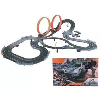 Mechanische Spielzeugautobahn Madej Auto-Rennbahn mit zwei Loopings — 011406, Set mit Aufzieh- und Schiebeautos für Kinder