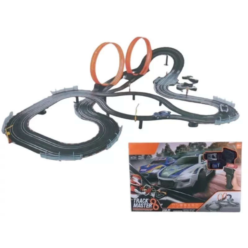 Mechanische Spielzeugautobahn Madej Auto-Rennbahn mit zwei Loopings — 011406, Set mit Aufzieh- und Schiebeautos für Kinder