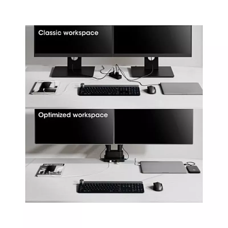 Manhattan Dual Desk Mount für TV & Monitore (Full Motion Gasdruckfeder) mit integriertem Dock, Für Bildschirme bis 27 Zoll, Anschlüsse (x7): Ethernet, HDMI (x2), USB-A (x3) und USB-C, Power Delivery (100 W) zum USB-C-Anschluss (separates USB-C-Netzteil/Kabel erforderlich), VESA: 75x75 und 100x100 mm