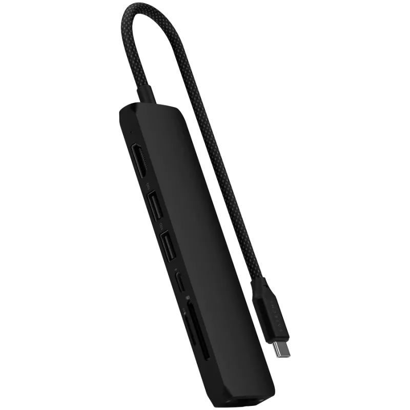Satechi 7-in-1 USB-C Slim Multiport Adapter Ethernet (USB-C PD, 2x USB-A, HDMI 4K, Ethernet, Kartenleser micro/SD) (Schwarz)