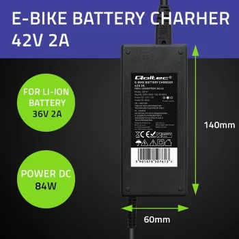 Qoltec 50761 Ladegerät für E-Bike-Akkus 36V | 42V | 2A | 5,5*2,5