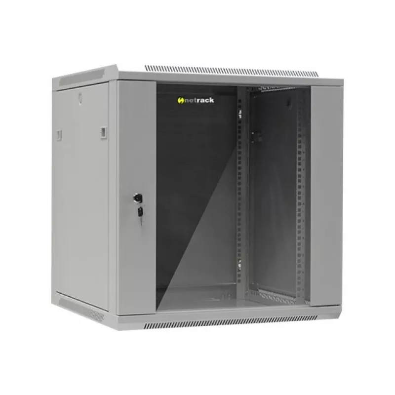 NETRACK 019-120-66-021 Wand-/Hängeschrank 19 Zoll 12U/600 mm Glastür grau abnehmbare Seitenwände