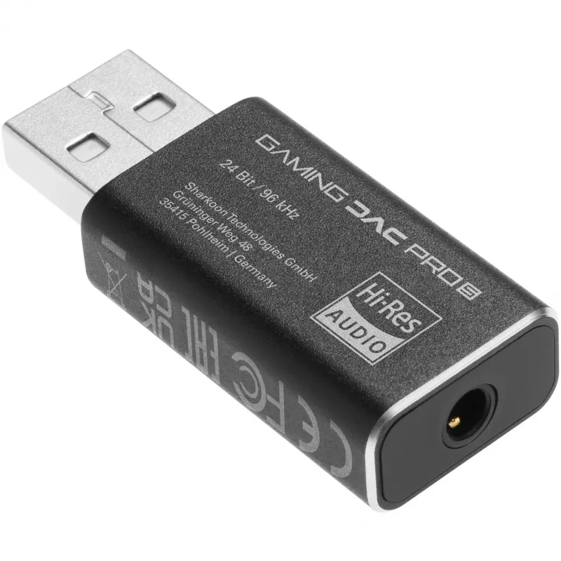 Interner USB-Typ-A-auf-3,5-mm-DAC-Adapter Sharkoon DAC Pro S — 2 V Ausgang, schwarz, kompakt (42 × 17,3 × 9,7 mm)