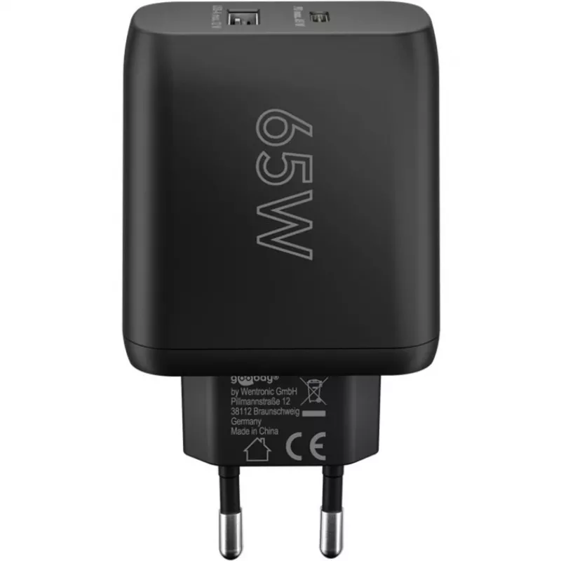 USB-C Dual-Fast Charger, PD, GaN, 65 Watt (schwarz, 1x USB-C, 1x USB-A, Power Delivery)