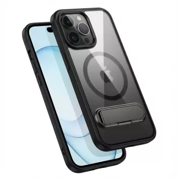 GUAN Schutzhülle für iPhone 16 Pro Max — gehärtetes Glasrückteil, integrierter Ständer, transparent schwarz