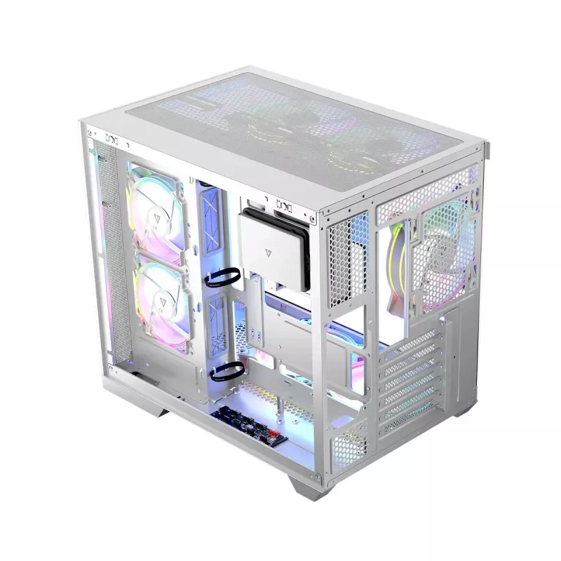 PC-Gehäuse MODECOM Volcano Panorama Midi Tower weiß — micro ATX, gehärtetes Glas, ARGB, USB-C, unterstützt GPU 400 mm