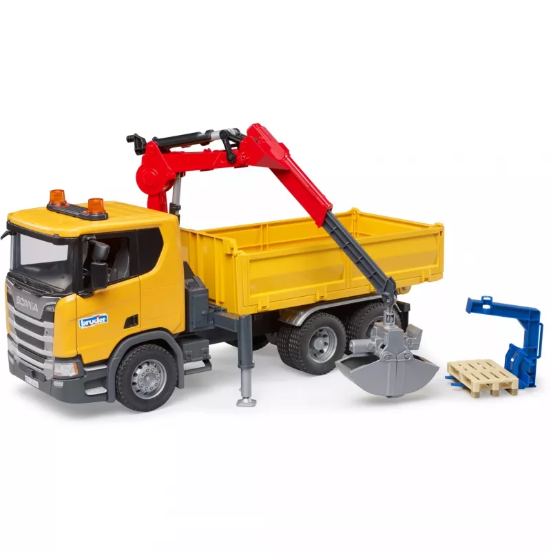 Spielzeug-Baulastwagen BRUDER Scania Super 560R mit Kran und 2 Paletten