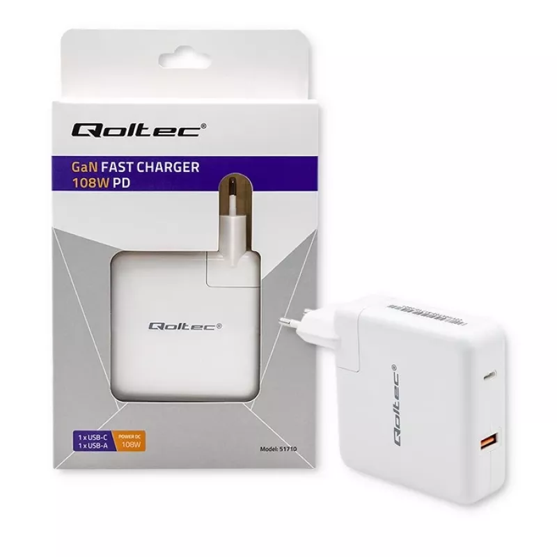 Qoltec GaN Charger FAST 108W | 5-20V | 3-4.7A | USB C | Weiß