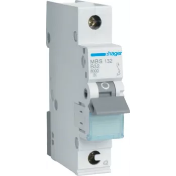 Hager MBS132. Nennstrom: 32 A, Netzfrequenz: 50/60. Typ: B-Charakteristik, Modulanzahl (max): 1 Modul(e). Breite: 17,5 mm, Tiefe: 70 mm, Höhe: 83,4 mm (MBS132)