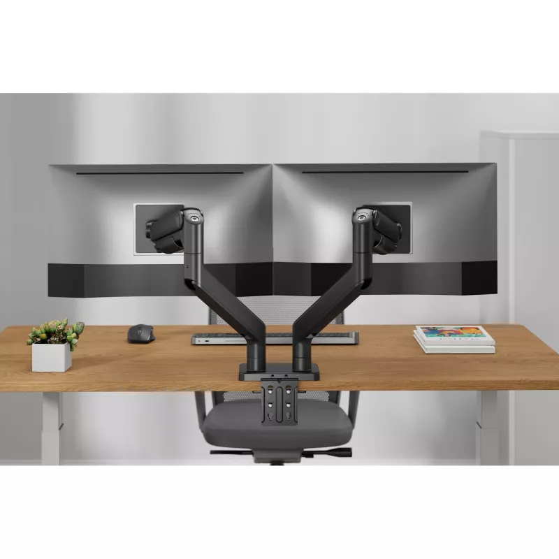 DIGITUS Dual-Monitorhalterung für 2×45 Zoll Bildschirme, Tischklemme, 2×20 kg, VESA 75×75–100×100, Neigung -20–50°