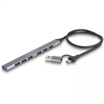 DELOCK 4 Port schlank USB Hub — USB 3.2 Gen 1 Host Typ-C, 3× USB 5 Gbit/s Typ-C + 1× USB 5 Gbit/s Typ-A, Grau, Metall