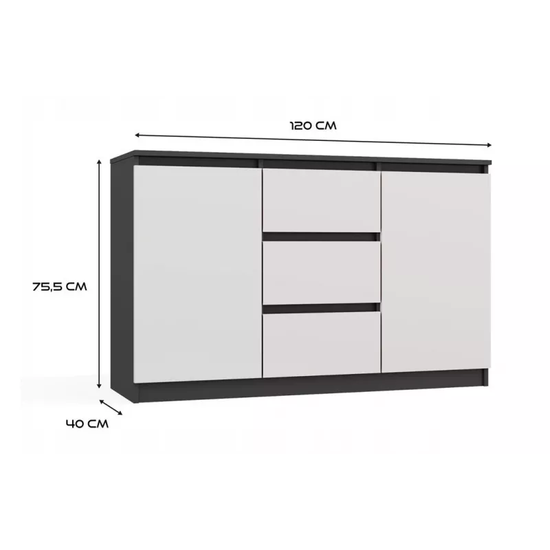 Kommode 2 Türen 3 Schubladen top e shop M-MP-K-MAL-2D3S-ANTBIA — Anthrazitrahmen, Weiße Türen, 1200×750×400 mm