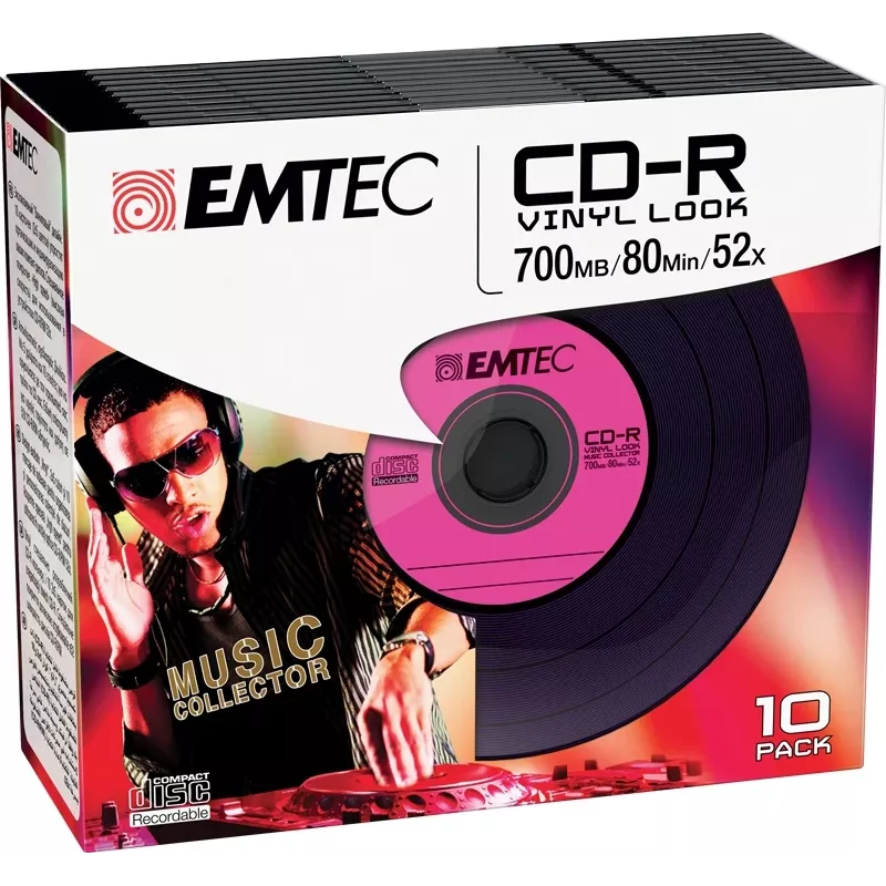 EMTEC Vinyl Look - 10 x CD-R - 700 MB (80 Min) 52x - Blau, Gelb, Flieder, Grün, Pink - Slim Jewel Case