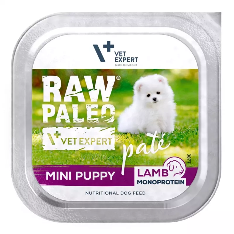 Nassfutter für Hunde VETEXPERT RAW PALEO Pâte Mini Puppy Lamb 150 g, Alleinfutter für Welpen kleiner Rassen, 80,5 % Feuchtigkeit