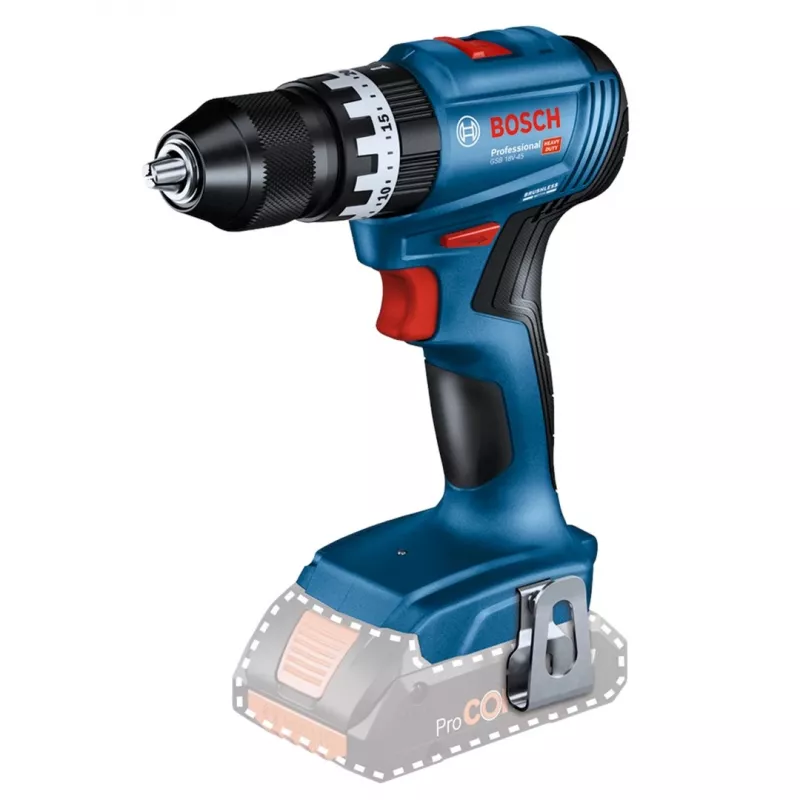Akkubohrschrauber Bosch GSB 18 V — 18 V, 4 Ah Li‑Ion, 45 N·m, 500/1900 U/min, 35 mm Holz, 10 mm Stahl, 2 Batterien, Ladegerät, Koffer