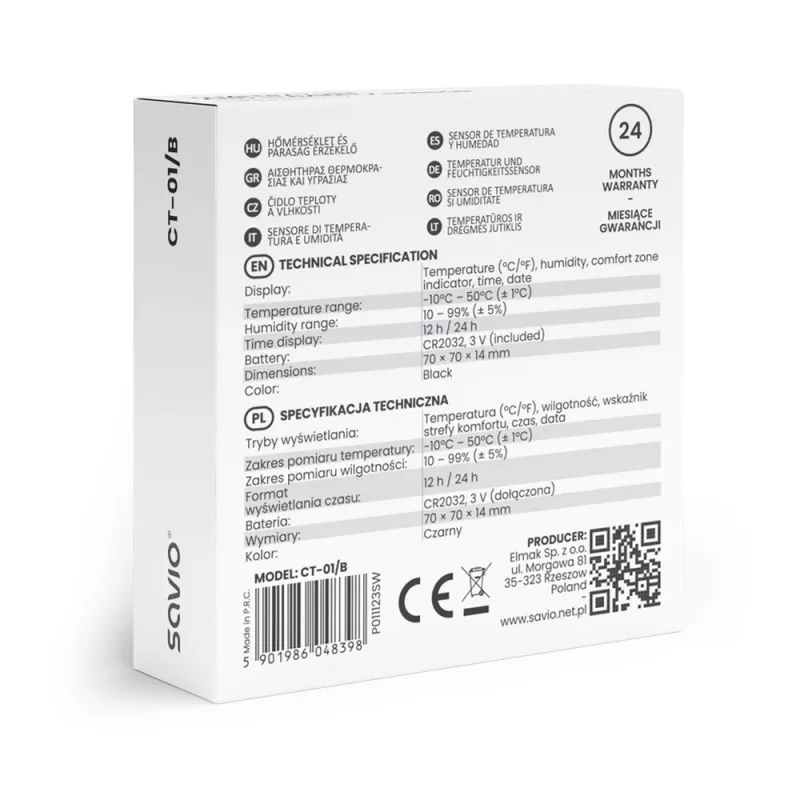 Innenraum-Temperatur- und Feuchtigkeitssensor SAVIO CT-01/B freistehend, LCD, -10–55 °C, 10–99 % rF, CR2032
