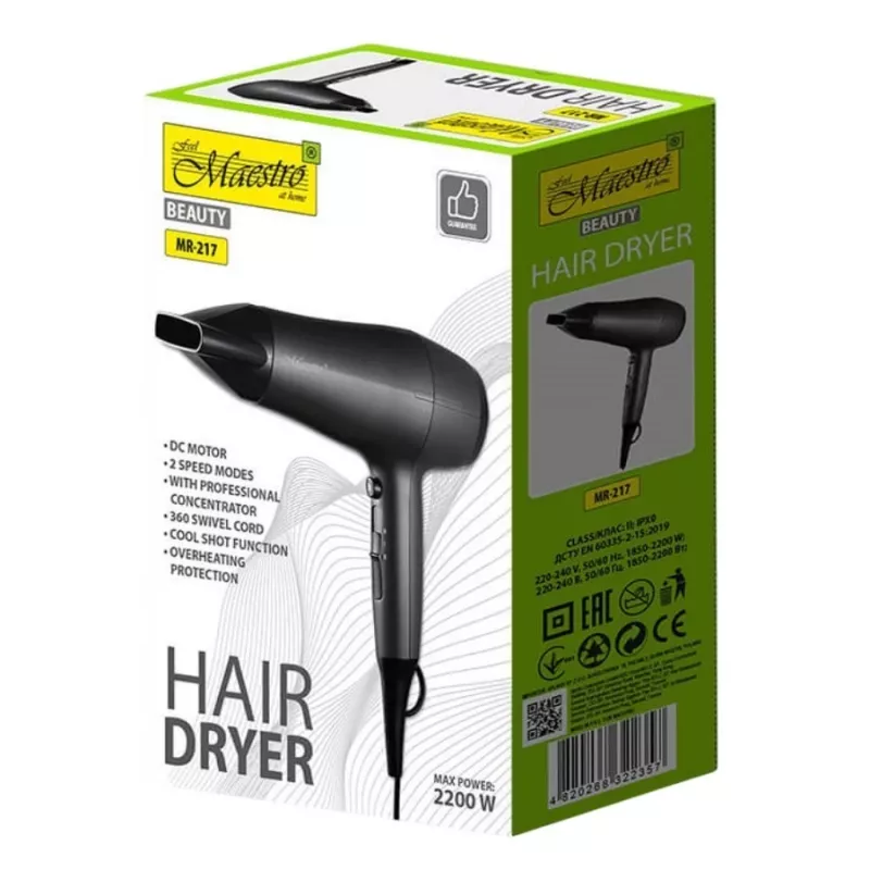 Haartrockner Maestro MR-217 2200 W, DC-Motor, 2 Geschwindigkeiten, Kaltstufe, Stylingdüse, schwarz-graphit