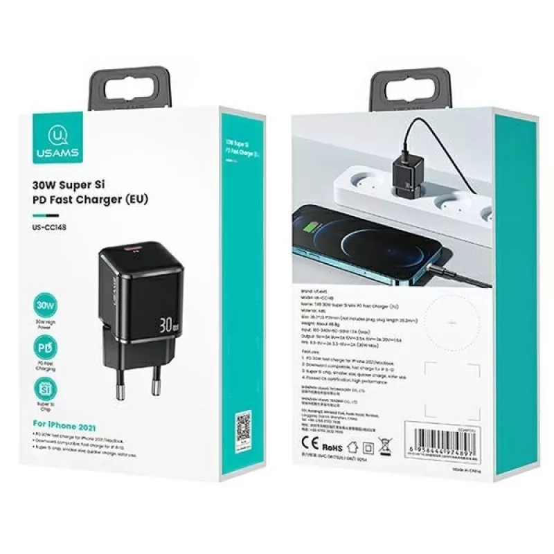Wandladegerät usams T45 30W USB‑C PD3.0 für Smartphones und Tablets
