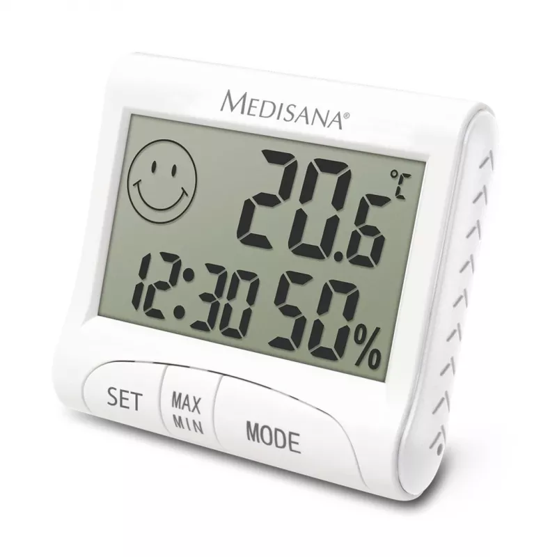 Elektronisches Innen-Hygrometer Medisana HG 100 — Digitales Thermometer, Luftfeuchte 20–90 %, Temp -10–50 °C, Tischdisplay, Batterie AAA