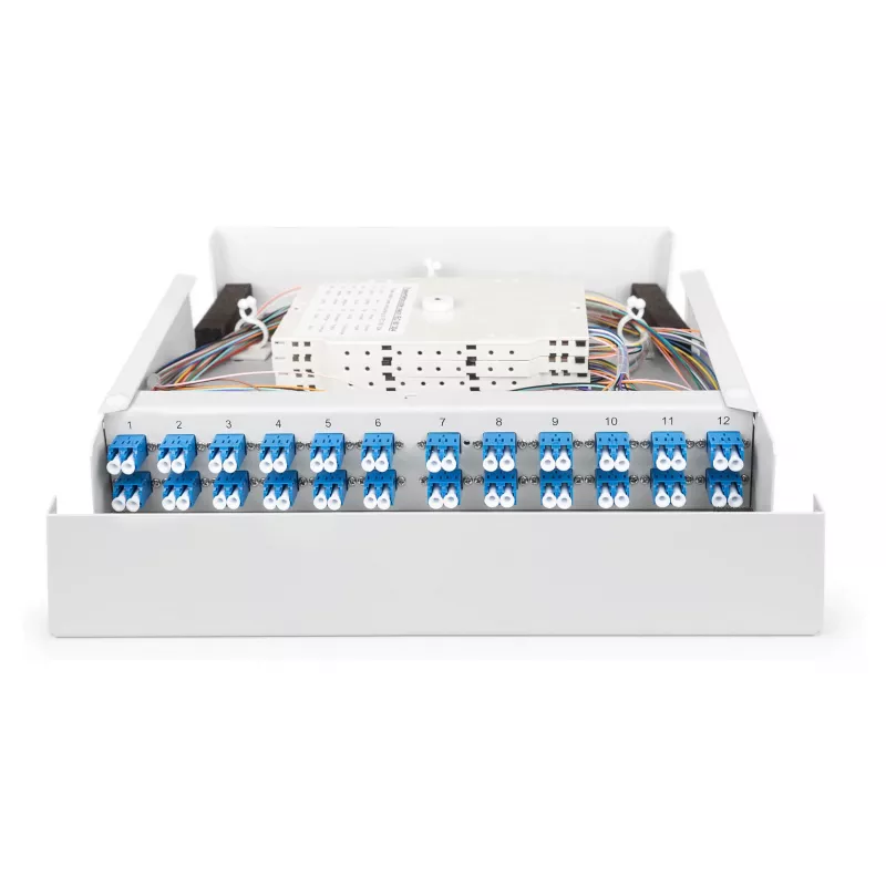 Glasfaser-Wandgehäuse DIGITUS DN-96843M-OS2, Singlemode, vormontiert, 24×LC DX-Adapter mit Pigtails, Stahl, grau, 320×54×280 mm