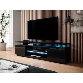 TV-Schrank cama meble EVA 180x40x56 cm, schwarz glänzend, MDF-Deckplatte, schwarzes Gestell
