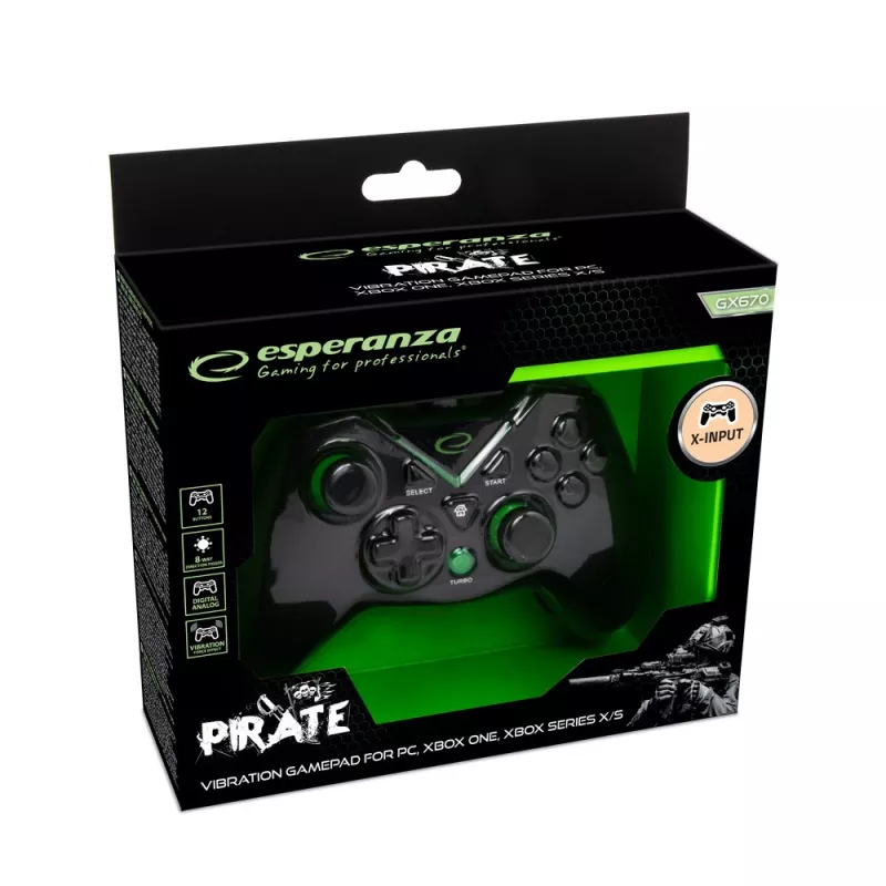 Gamepad Esperanza EGG114K kabelgebunden USB 2.0 schwarz — 12 Tasten, 2 Joysticks, Vibration, für PC & Xbox Series X/S/One