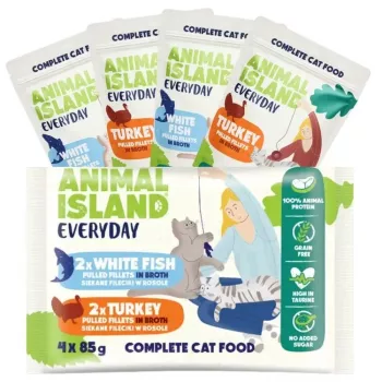 Nassfutter für Katzen animal island Everyday Puten- und Weißfischfilets in Brühe 4×85 g Beutel (4×85 g)
