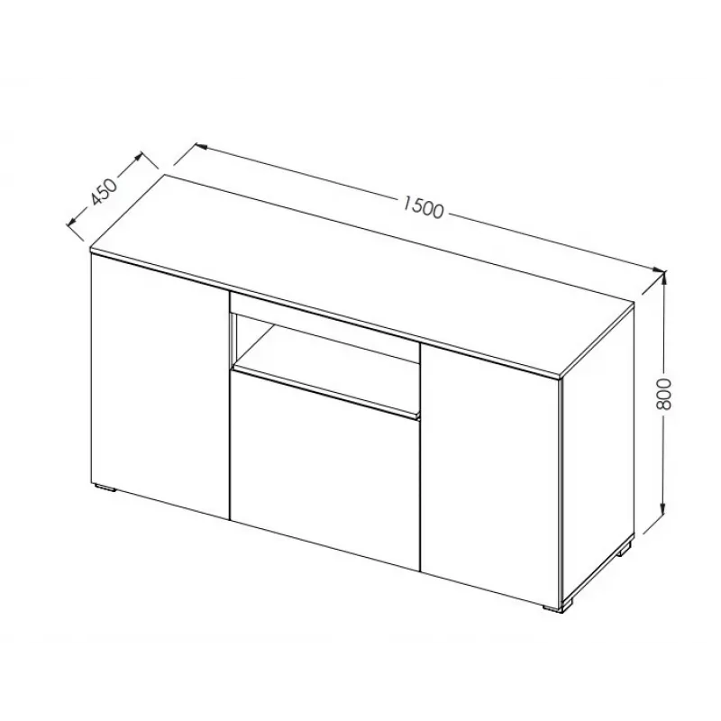 Sideboard Cama Meble VIVA 150 — weiß/weiß Hochglanz und Sonoma Eiche, 3 Türen, 5 Einlegeböden, 1500×450×800 mm