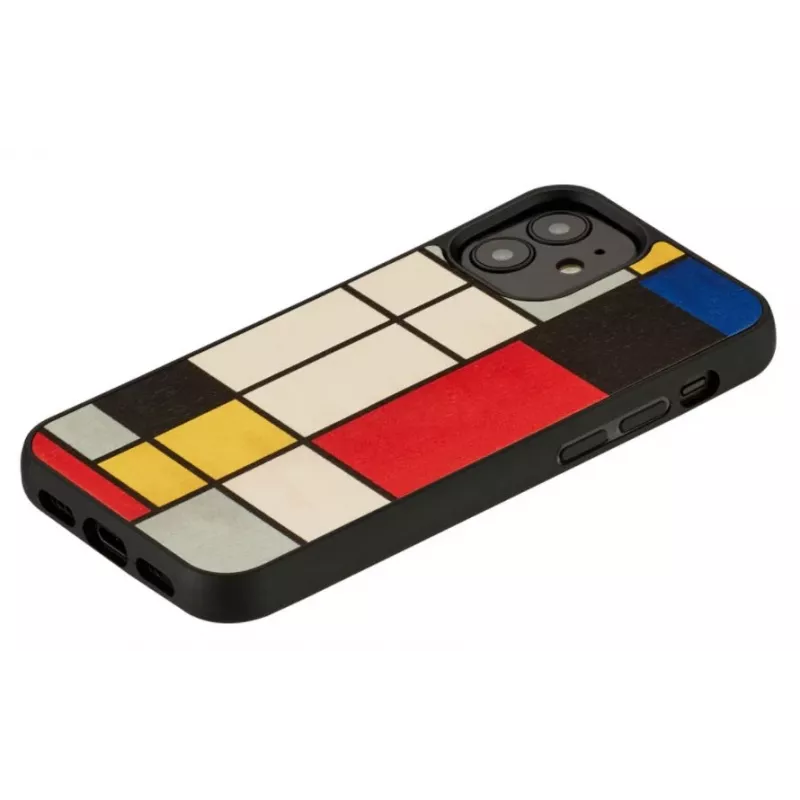 Handyhülle Man and Wood für iPhone 12 mini — Holzrückseite, schwarzer Rahmen