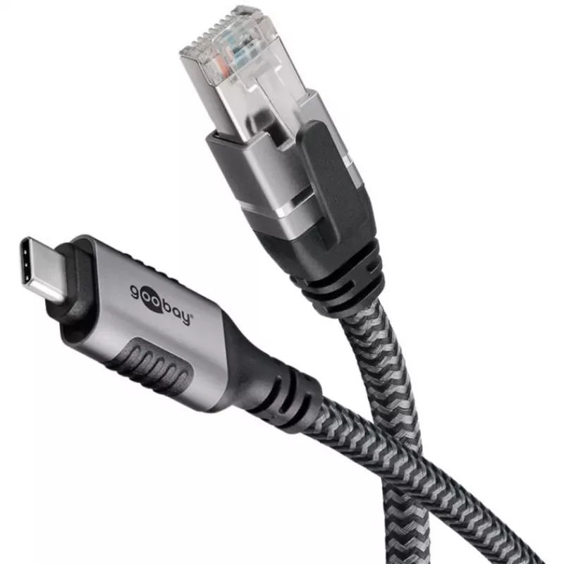 Ethernet-Kabel USB-C 3.2 Gen2 Stecker > RJ-45 Stecker (schwarz/Silber, 5 Meter, geflochtenes Textilmantel)