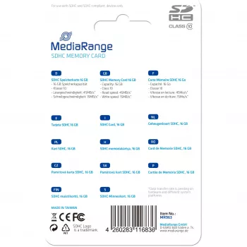 Speicherkarte MediaRange 16GB SDHC Class 10 MR963