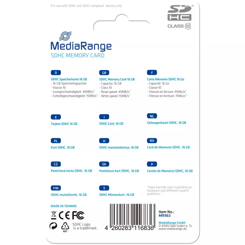Speicherkarte MediaRange 16GB SDHC Class 10 MR963