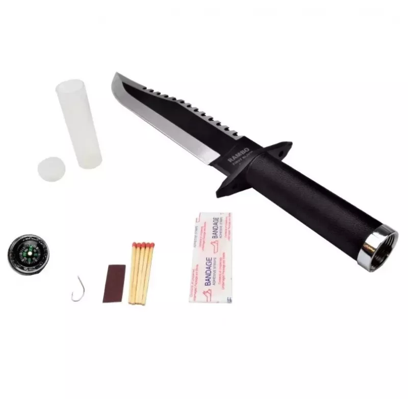 Feststehendes Überlebensmesser Cinema Classic CC-H2 — 400 mm Gesamtlänge, 250 mm Stahlklinge, glatt und gezahnt, schwarzer Griff, inklusive Lederscheide