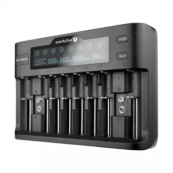 Batterieladegerät everActive UC-800 AC 12V 3A — für LiFePO4/LiPo/NiMH, unterstützt AA/AAA/9V, bis zu 10 Akkus, 12 V Eingang, eingebautes Display, schwarz