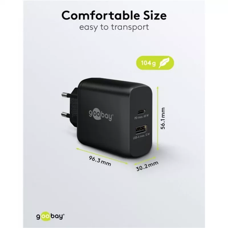 USB-C Dual-Fast Charger, PD, GaN, 65 Watt (schwarz, 1x USB-C, 1x USB-A, Power Delivery)