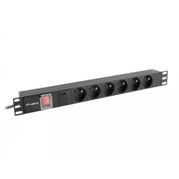 Stromverteilereinheit LANBERG PDU-06E-0200-BK — 6x Typ-E-Ausgänge, 16 A, 2 m Kabel, 1HE Rack, 220–250 V
