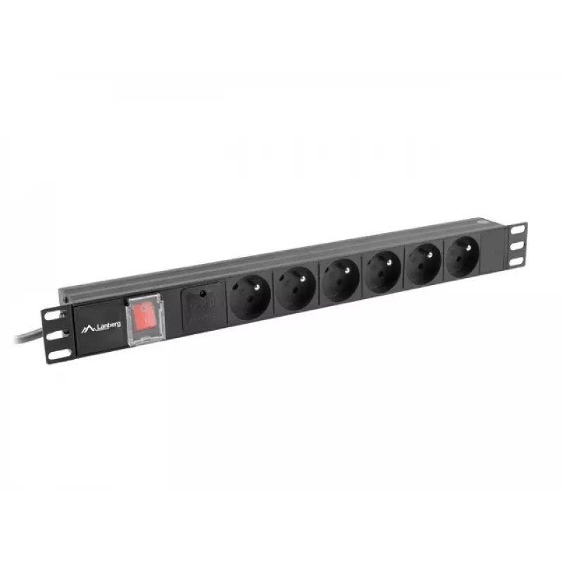 Stromverteilereinheit LANBERG PDU-06E-0200-BK — 6x Typ-E-Ausgänge, 16 A, 2 m Kabel, 1HE Rack, 220–250 V