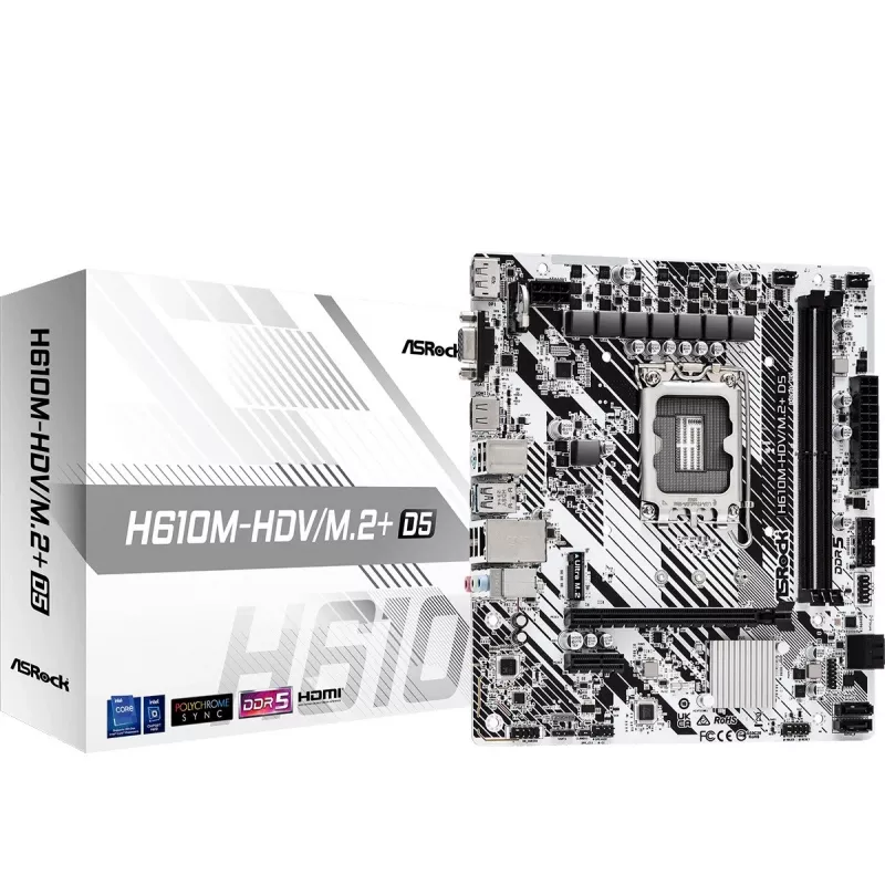 Mainboard ASRock H610M-HDV/M.2+ D5 — Intel H610, LGA 1700, microATX, 2× DDR5 DIMM, M.2, HDMI 2.1, DP 1.4