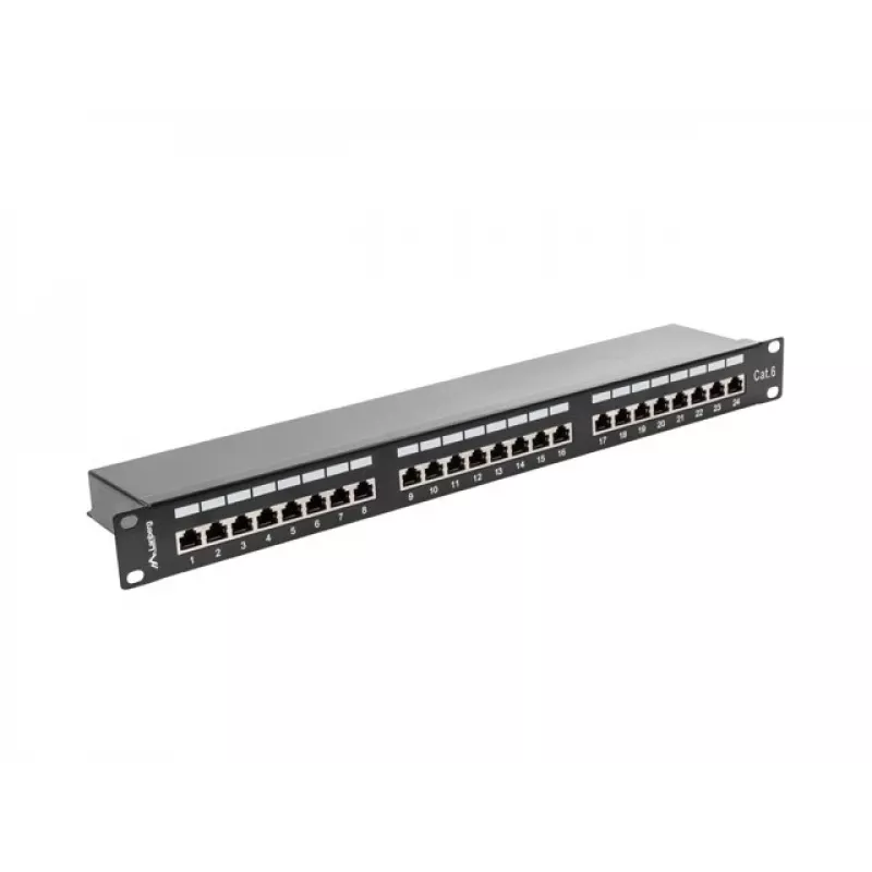 Patchpanel 1U LANBERG PPS6-1024-B, 24-Port Cat6, Metall, schwarz, 442×114,5×44,5 mm