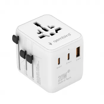 Reise-Netzteil GEMBIRD TPA-1A2C20-01-W — 20 W, USB-A (18 W) + 2× USB-C (20 W), Stecker Typ E, weiß